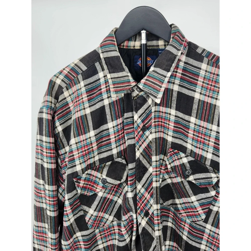 Dickies Mens 2XL Quilted Lined Flannel Shirt Jacket Plaid Black Red 611PLX